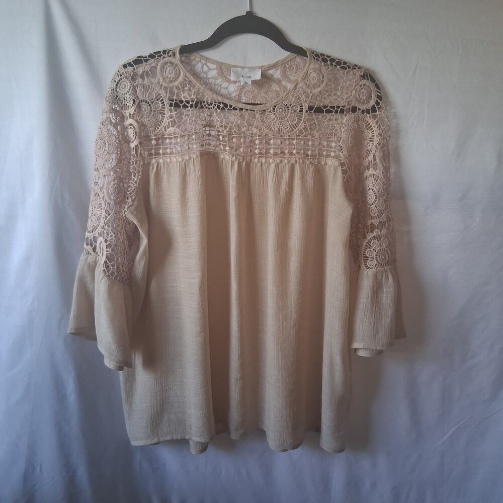 Fyve Women Beige Lace Yoke Blouse Crochet Boho Flowy Peasant Relaxed Bohemian-XL